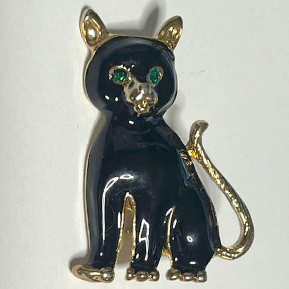 VTG Black Enamel Gold Toned Cat Kitten Brooch Pin Green Eyes 1.5" - Picture 1 of 9